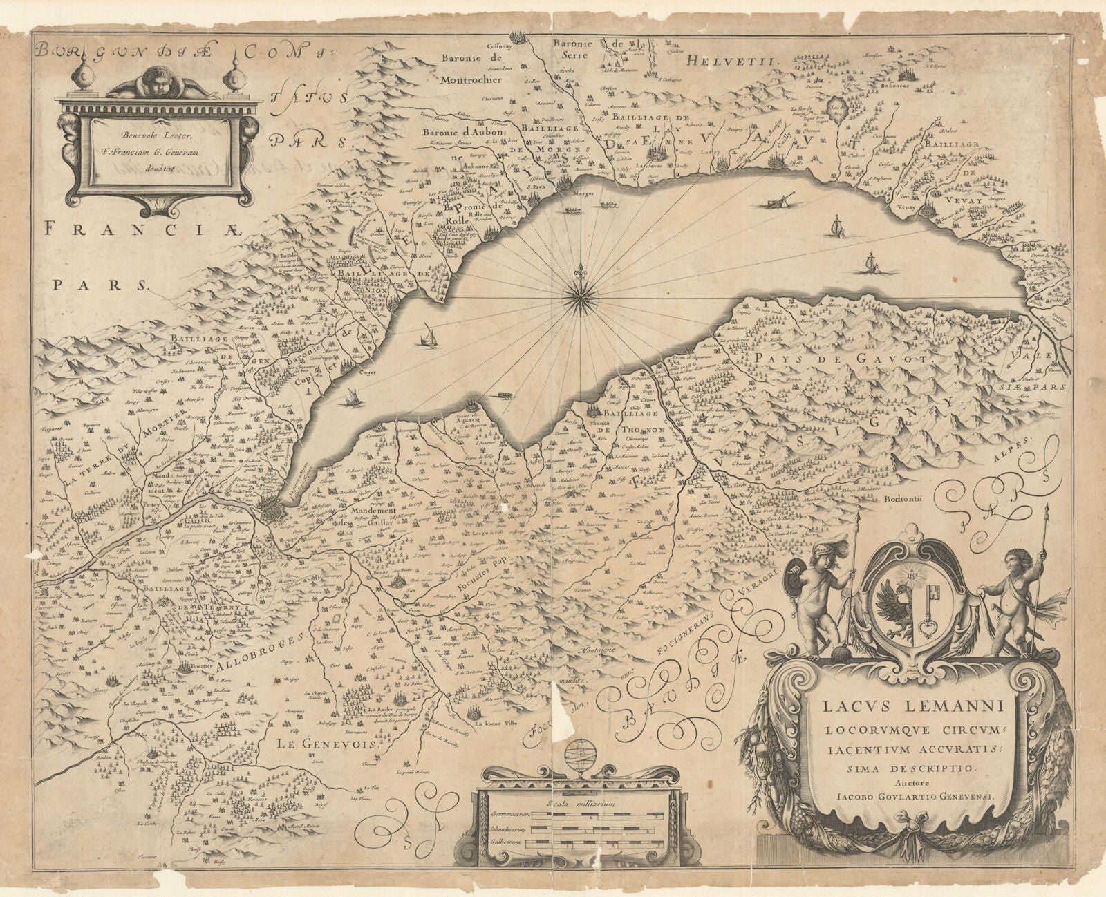 Lacus Lemanni Locorumque Circum… Lake Geneva / Lac Léman by Blaeu c1635 map